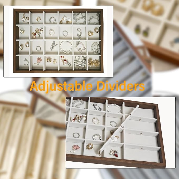 Large Jewelry Trays for Drawers Stackable Velvet Jewelry Display for Vendors Jewelry Drawer Organizer Inserts for Rings Necklace Bracelets Earrings and Studs Earrings (Beige, 24 Grid)