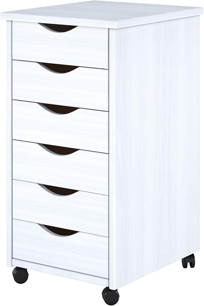 Jela-USA Solid Pine Wood 6 Drawer Rolling Cart, White
