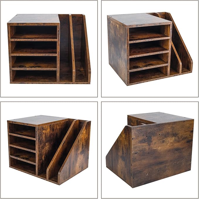 PAG Wood Desktop File Holder Organizer Mail Sorter for File Folders, Mails, Envelopes, Mailing Supplies or Magazines, Brown