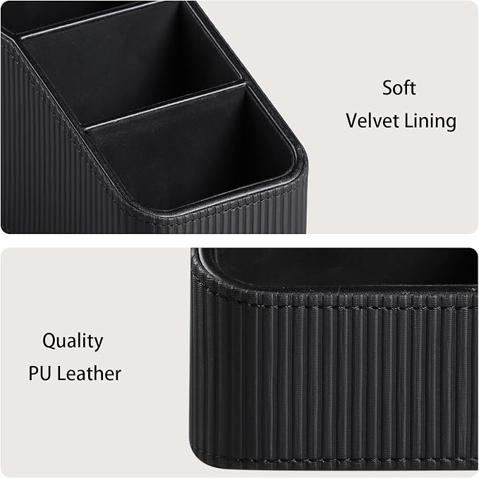 Remote Control Holder, PU Leather Nightstand Organizer, Black | 3-compartment Remote Bedside Caddy, Soft Velvet Lining, Small Desk Organizer for Remote/Pen/Glasses/Phone