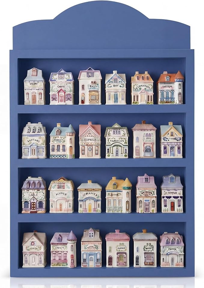 Chunful Vintage Spice Jar Wooden Rack Blue Retro Spice Shelf for 24 Jars, Village Style Wall Mounting Kitchen Storage Decorative Hanging Display Rack, Shelf Only