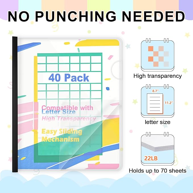 TOTiyea 40 Pack Clear Report Covers with Sliding Bars, 9mm (40 Sheet Capacity) Black Sliding Bar File Folders, for Letter Size