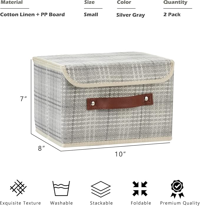 2PCS Storage Boxes with Lid 3D Textured Fabric Storage Bins Closet Organizer Containers Decorative Collapsible Washable Shelf Baskets with Faux Leather Handles (Silver Gray, Small Size)