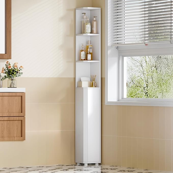 Hzuaneri Corner Cabinet, Tall Bathroom Corner Cabinet with Doors | Narrow Storage Cabinets with Adjustable Shelves, Bathroom Organizers and Storage for Small Space, White BC30003X