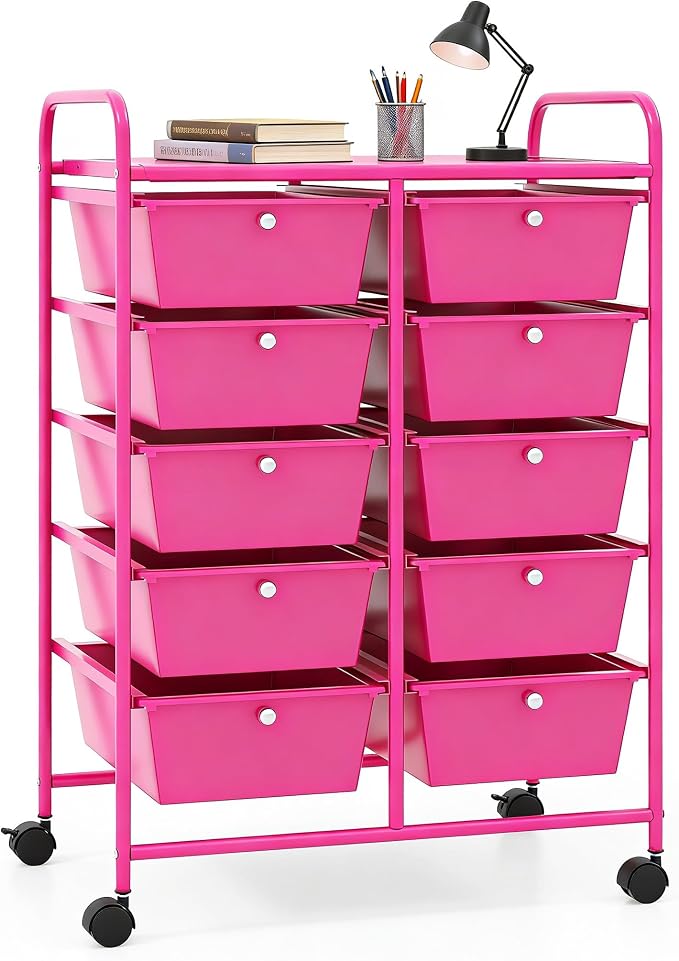 COSTWAY 10 Drawer Rolling Storage Cart, Utility Cart with Lockable Wheels | Mobile Art Supply Craft Organizer with Metal Frame, Multipurpose Drawer Cart for Paper for Office, School, Hot Pink