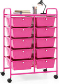 COSTWAY 10 Drawer Rolling Storage Cart, Utility Cart with Lockable Wheels | Mobile Art Supply Craft Organizer with Metal Frame, Multipurpose Drawer Cart for Paper for Office, School, Hot Pink