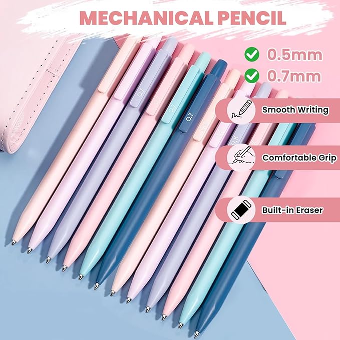 50 PCS Aesthetic School Supplies with Cute Pen Case,12 Pastel Highlighters,5 Black Ink Gel Pens, 12 Mechanical Pencils Set 0.5 & 0.7 mm 6 Color Gel Pens for Students Stationary College Essentials Pink