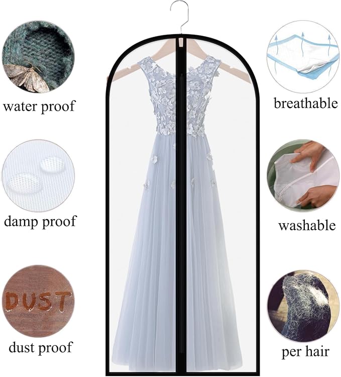 Extra Long Dress Garment Bags 60in Clear Hanging Lightweight Breathable Dust Proof Cover with Study Full Zipper for Storage Clothes and Travel Pack of 6