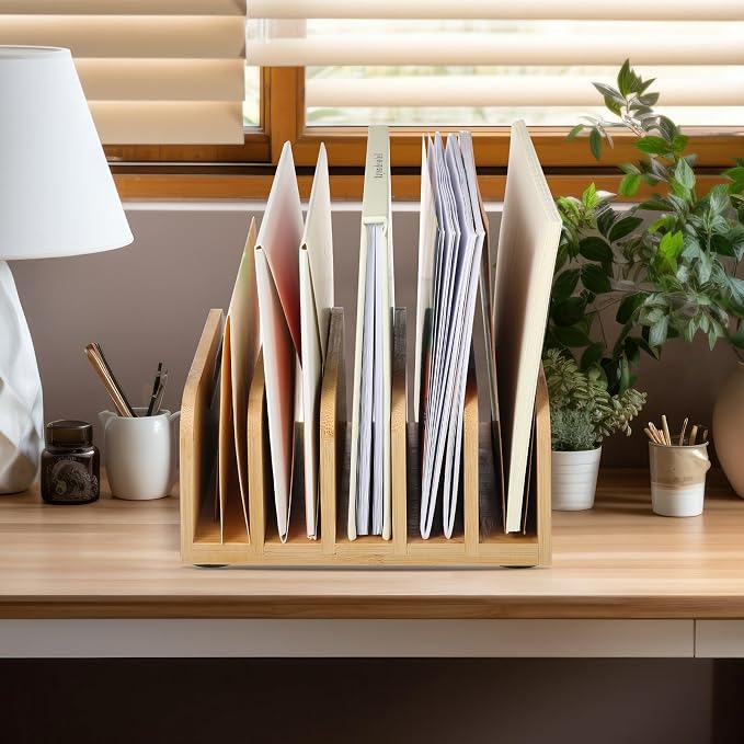 Lineshading Bamboo Letter Organizer, 5 Compartments Desk Mail Organizer, Desktop Envelope Holder and Letter Sorter, Countertop Paper File Holders with Anti Slip Mat for Home Office(Wood Color)