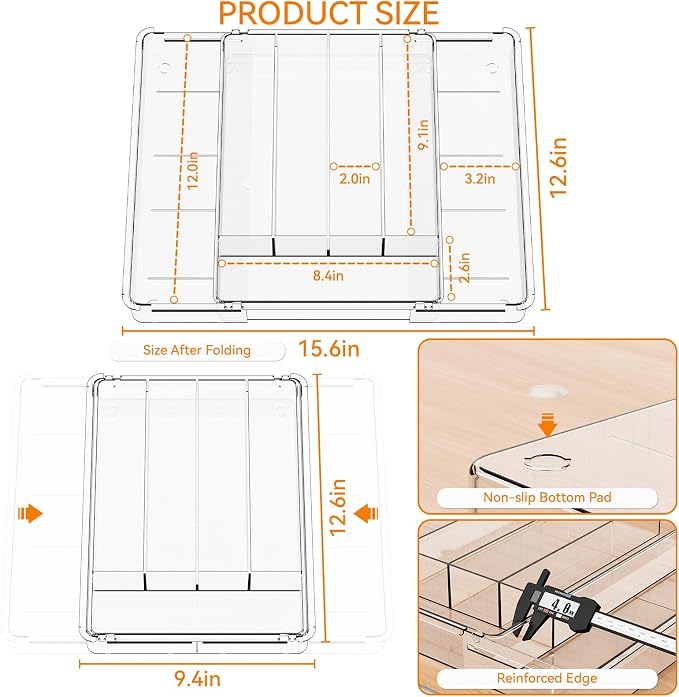 Yieach Clear Expandable Silverware Drawer Organizer,9.4-15.6In Adjustable Silverware Tray for Drawer,Acrylic Kitchen Utensil Drawer Organizer for Cutlery,Flatware Organizers and Fork and Spoon Holder