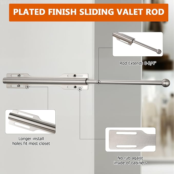 2 Pack Valet Rod for Closet Pull Out, Rod for Bedroom Laundry Room Bathroom, Nickel