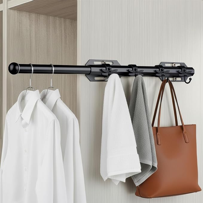 12" Valet Rod for Closet Pull Out with 4 Dragonfly-shaped Hooks, Black