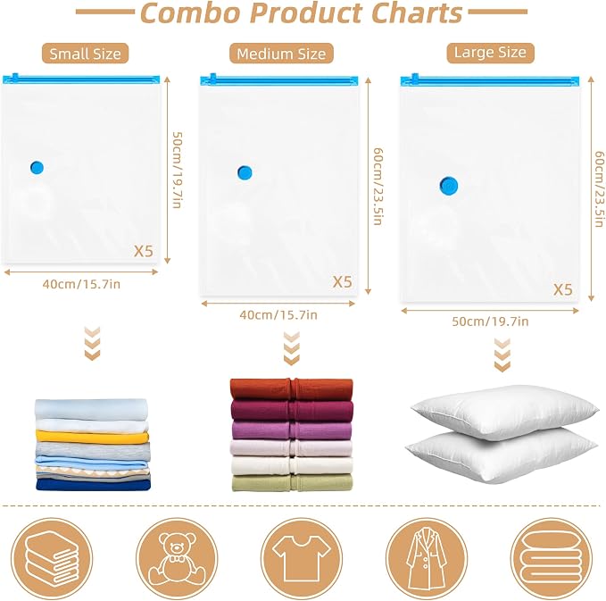 15 Pack Vacuum Storage Bag for Travel with Cordless Electric Pump, Combo | Carry-on Packing Bags for Luggage and Suitcase, Space Saver Compression Clothes Storage Bag with Rechargeable Pump (15 Combo)
