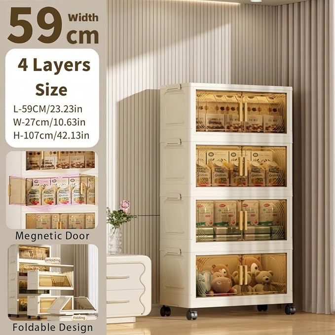4-Tier Stackable Storage Bins with Wheels & Magnetic Doors, Foldable Collapsible Organizer Cabinet with Lids, 40 QT Arc-Design Clear Storage Boxes for Bedroom, Kitchen, Office, Dorm