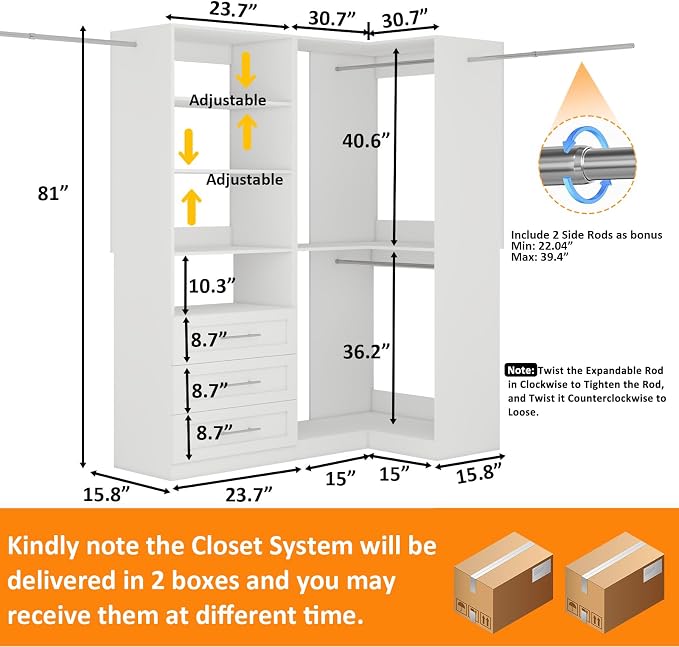 Closet System with 3 Wooden Drawers, 4.5-11.1 FT L-Shaped Corner Walk in Closet Organizer System with 5 Storage Shelves,4 Expandable Hanging Rods, 1400+ lbs Capacity, Set of 2, White