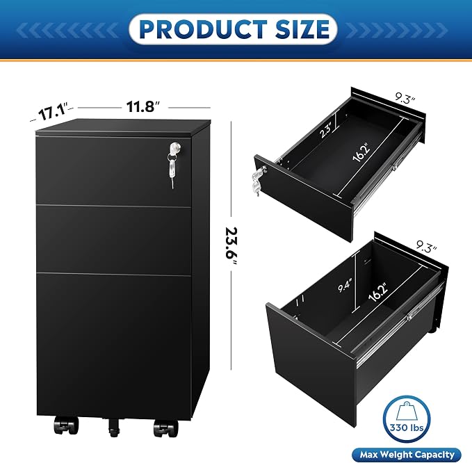 DEVAISE Slim File Cabinet, 3 Drawer Mobile Filing Cabinet for Letter/Legal/A4 Files, Fully Assembled Except Wheels, Black