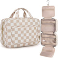 BAGSMART Toiletry Bag Travel Bag with Hanging Hook, Checkered Makeup Cosmetic Bag Travel Organizer for Accessories, Shampoo, Full-size Container, Toiletries (Khaki Checkerboard, Medium)