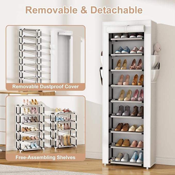 VILICK Shoe Rack with Cover Narrow Shoe Rack Organizer with 4 Side Pockets 10 Tier Tall Shoe Storage Shoe Shelf Holds 18-22 Pairs Shoes and Boots Shoe Rack for Closet, Printing