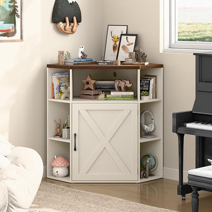 Halitaa Corner Storage Cabinet, Farmhouse Corner Bookshelf with Storage 6-Cubby Wooden Cabinet with USB Ports and Outlets Industrial Organizer for Small Space, Study, Playroom, Living Room