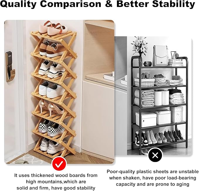 YYW Bamboo Shoe Rack, Foldable Vertical Free Standing Shoe Storage Shelf | Foldable Design, Free Standing for Entryway or Living room, Vertical Shoe Organizer, Space Saving Closet Shelf