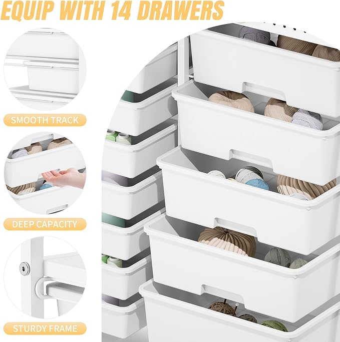 Rolling Storage Cart with 14 Drawers, Storage Organizer Cart with Tabletop and Pegboard,Utility Cart for Living Room, Classroom, Bedroom,Bathroom,Dorm,Office (White)