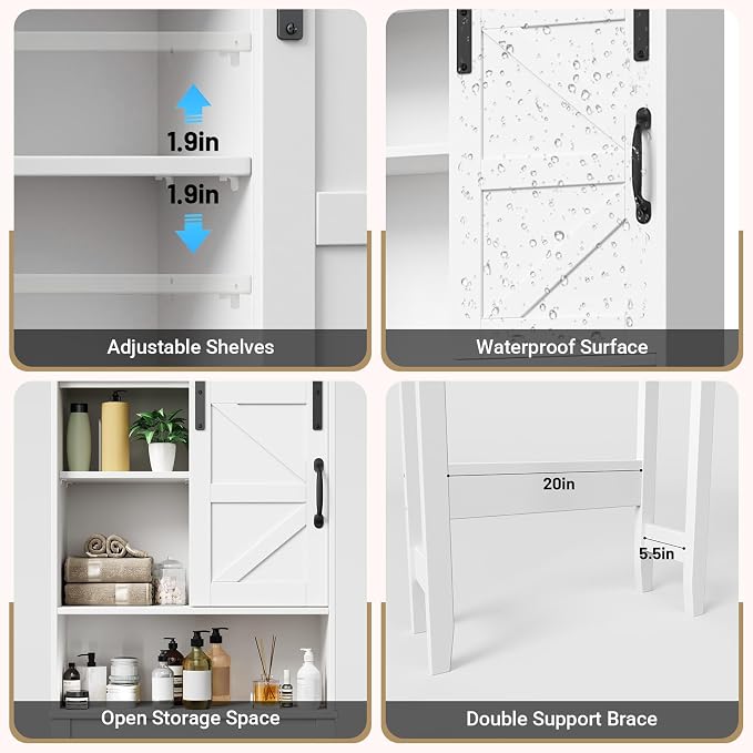 Over The Toilet Storage Cabinet, Bathroom Organizer with Adjustable Shelves and Anti-Tip Device, Space-Saving Storage Solution, White