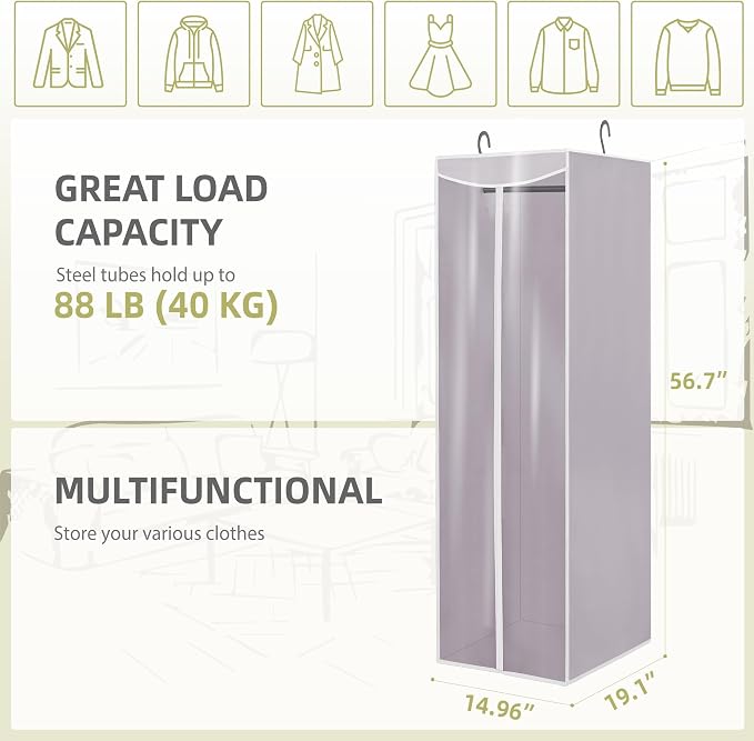 Garment Bags for Hanging Clothes Storage, Long Garment Cover with Zippered Clear Window for Closet Wardrobe Clothes Rack Organizer, Hanging Garment Bags for Dresses, Suits, 1 Pack, Gray