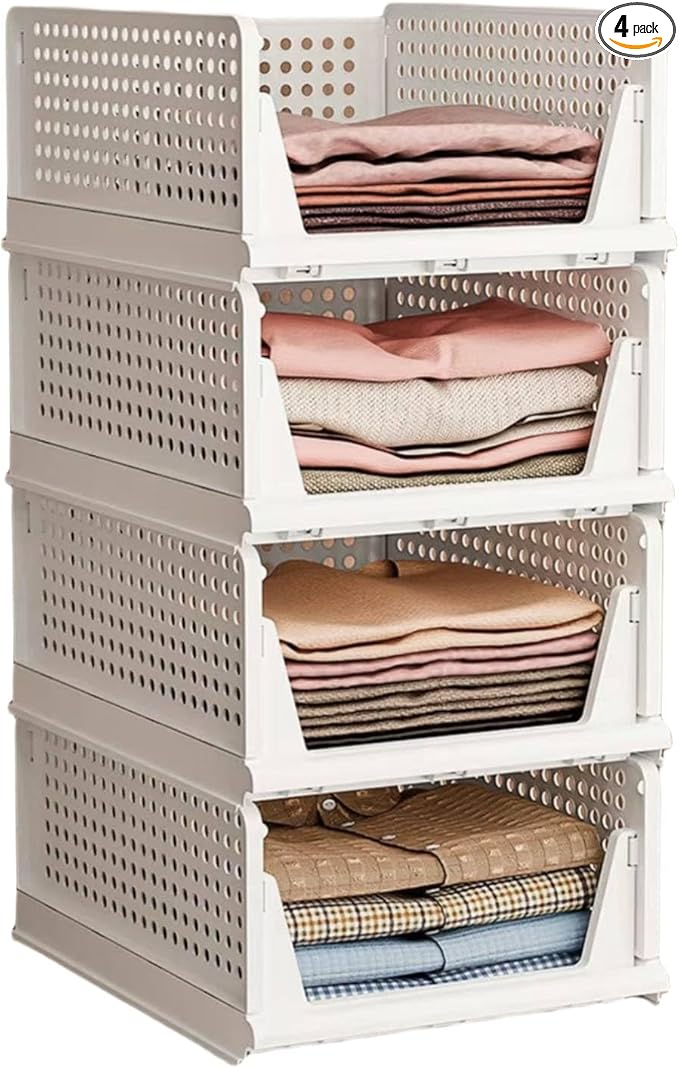 Multi-Functional Stackable Plastic Storage Baskets - 4 Pack Foldable Closet Organizers for Wardrobe, Kitchen, Bathroom, Office, Dorm - Easy Assembly