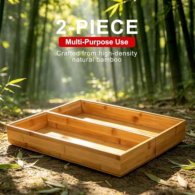 Kitchen Bamboo Drawer Organizer Set of 2, Large Wide Stackable Drawer Organizer for Silverware, Utensils, Cutlery, Flatware, Junk Drawer, Dresser, Bathroom, 17" x 6" x 2"