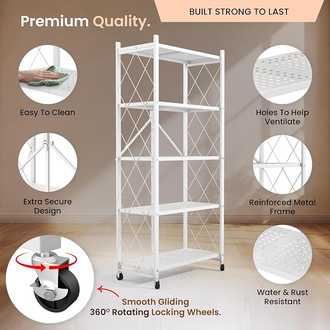 Our Modern Space 5-Tier Foldable Storage Shelf with Wheels | Metal Rack Collapsible Shelving Display | Rolling Cart for Books Kitchen Storage Shelves | Pantry & Closet Organizer | Office Room Decor