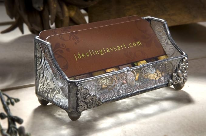 J Devlin Stained Glass Business Card Holder, Vintage Glass Desk Display | Handcrafted stained glass business card holder for desks, reception counters, executive offices, and home workspaces.