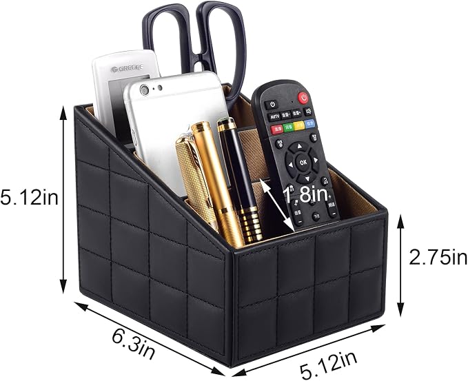 Fashionable PU Leather TV Remote Control Holder with 3 Compartments, Storage Rack, Storage Box, Media Accessory Storage, Desk Organizers (Black Grid)