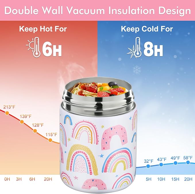 wiwens 12oz Soup Thermo for Hot Food Kids Insulated Food Jar Wide Mouth Lunch Container Leak Proof Stainless Steel Vacuum Bento Box for School Office Travel Outdoors White-Rainbow