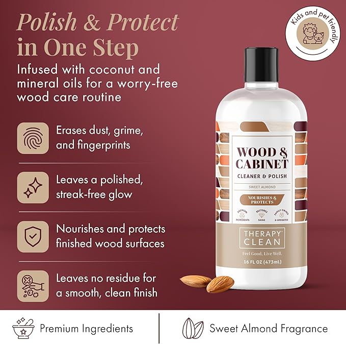 Therapy Wood Cleaner and Polish - Cabinet & Table Restorer (16 oz) | Includes microfiber cloth. Almond scent, natural conditioning formula. Restores wood cabinets, tables & furniture. 16oz