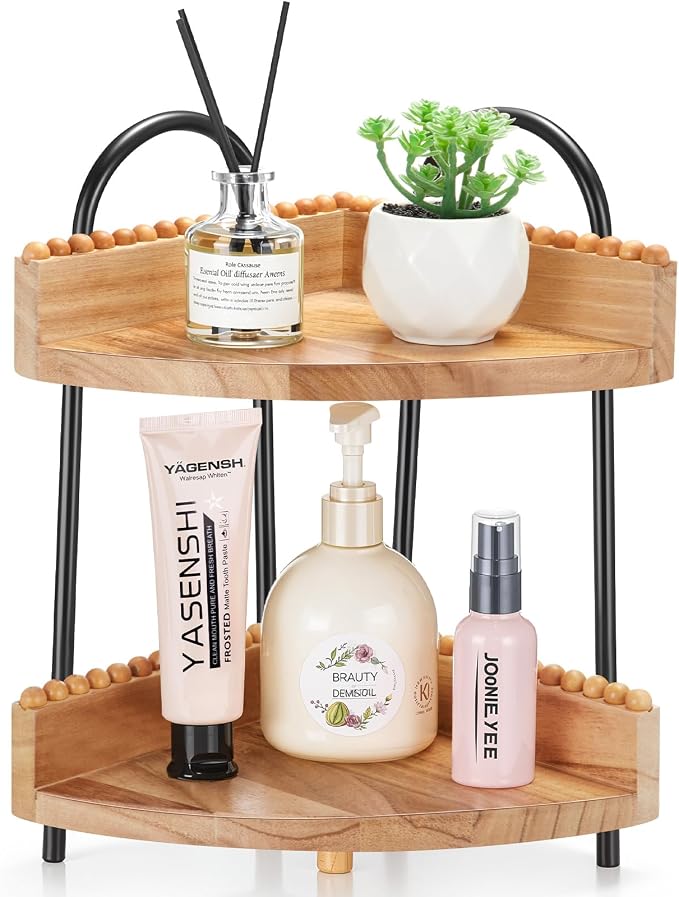AceOrbit 2 Tier Bathroom Corner Counter Organizer Countertop Organizer, Vanity Counter Corner Shelf for Cosmetic Skincare Perfume, Wood Bead Storage and Organization for Bathroom Kitchen