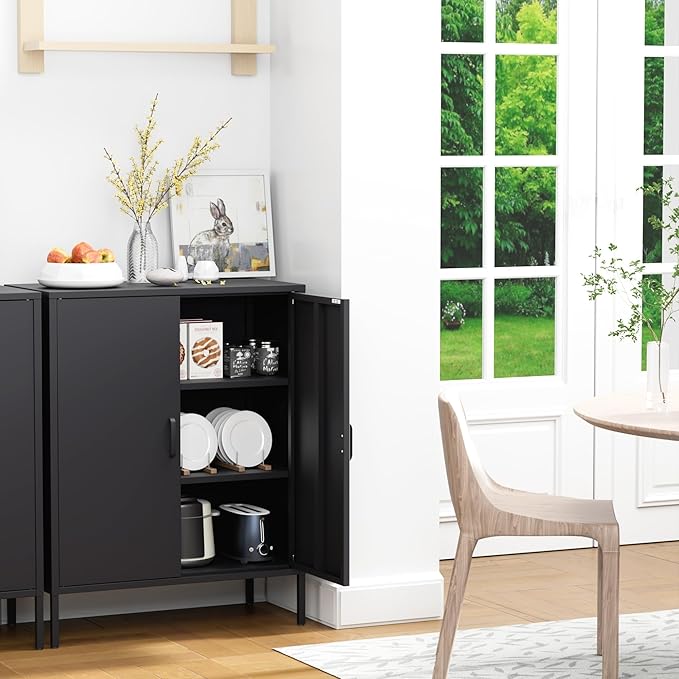 Ustamio 2 Door Metal Storage Cabinet with 2 Shelves, 3 Tier Garage Storage Locker Cabinet for Home, Entryway, Hallway and Office, Assembly Required, Black, (LC-CSG)