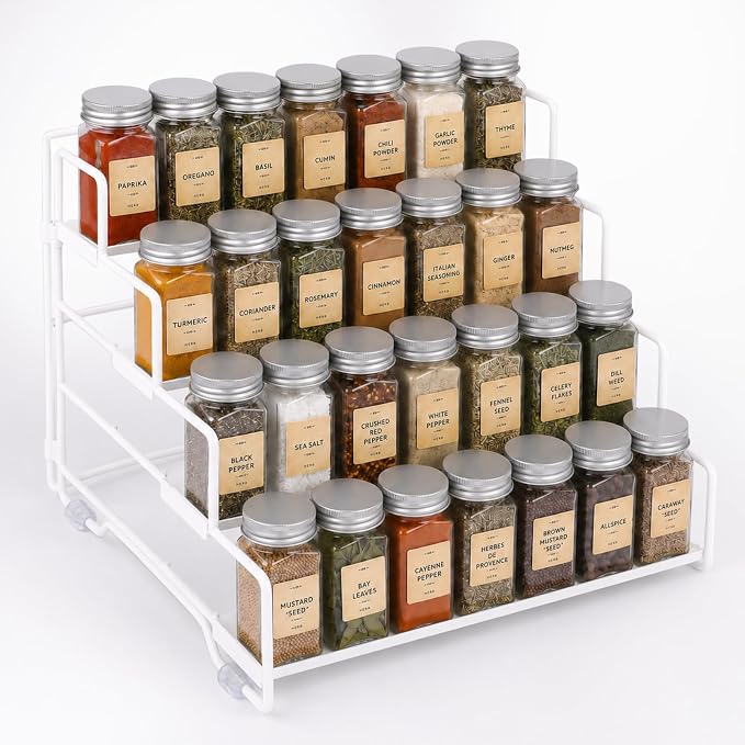 4-Tier Spice Rack Organizer for Cabinet, Adjustable Tiered Seasoning Holder, Metal Spice Shelf Organization for Kitchen, Countertop Cupboard Pantry, Space Saving Storage Shelf, Stepped Display Riser