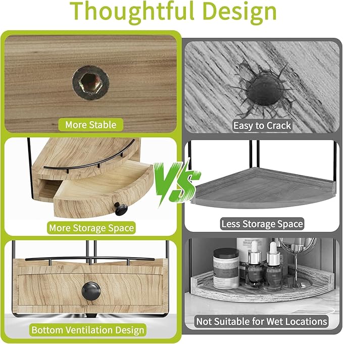2-Tier Corner Bathroom Counter Organizer with Drawer, Wood color | Embedded Screw Holes, Wooden Countertop Organizers, Space-Saving, Bottom Ventilation Design, Counter Shelf for Vanity