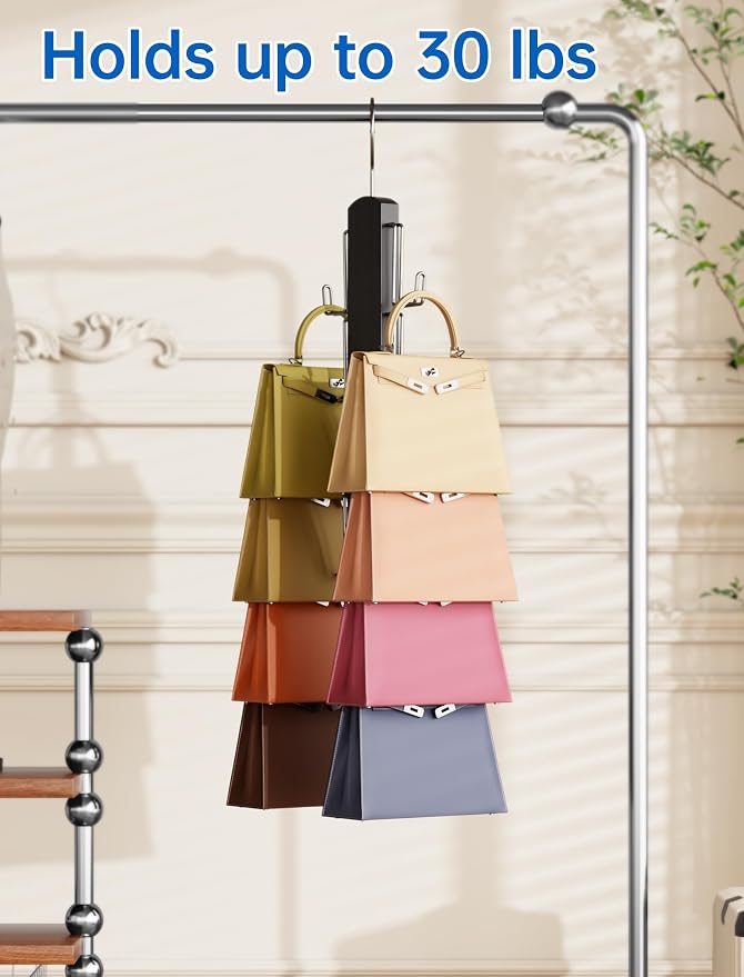 NiHome Wooden Purse Organizer for Closet, 8 Extra-Wide Metal Hooks Handbag Hanger, Space-Saving Hanging Bag Holder & Purse Rack for Closet Organization (Black)