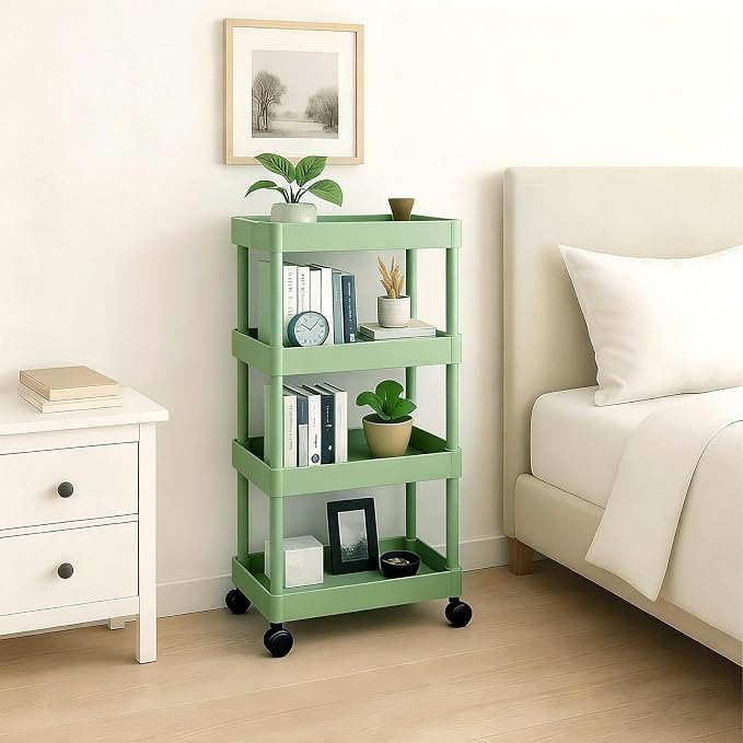ShellKingdom 4 Tier Bathroom Storage Organizer, Slim Rolling Storage Cart for Narrow Space, Mobile Shelving Unit with Lockable Wheels and Hooks for Bathroom, Kitchen, Laundry Movable Shelf (Green)