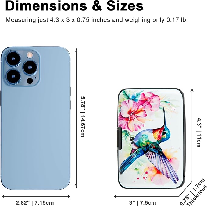Credit Card Holder, Metal Card Wallet RFID Blocking Mini Slim Aluminum Business Hard Card Case for Women Men (Flowers Hummingbird)