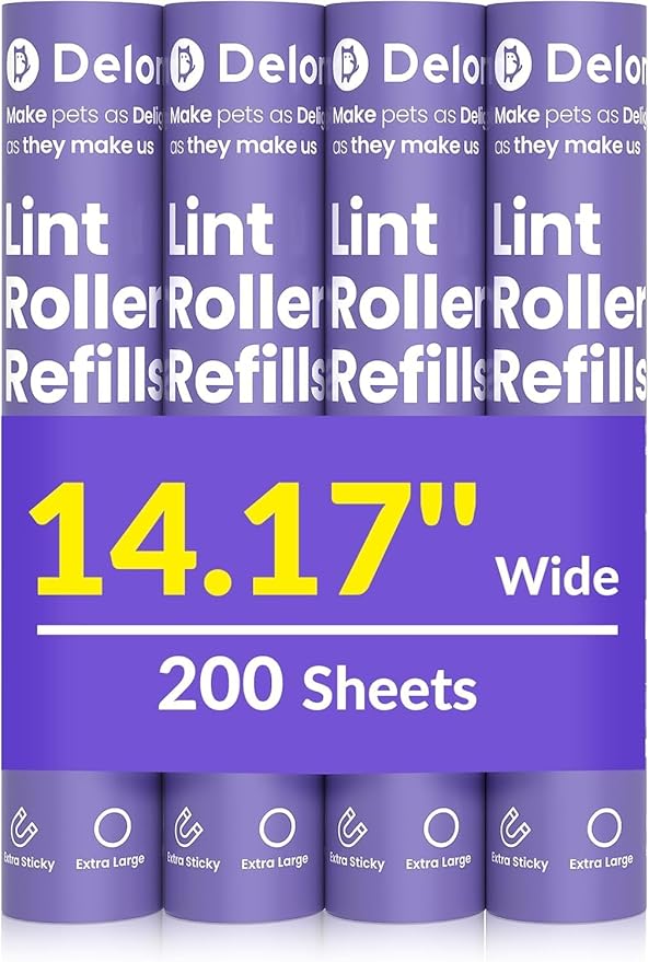 DELOMO 14.17” Large Lint Roller Refills, 4 Packs, 200 Extra Sticky Sheets | Sticky Roller Refills, Easy Tear Sheets, Compatible Only with DELOMO 14.17” Lint Roller, Floors, Carpets, Couches, Pet Hair