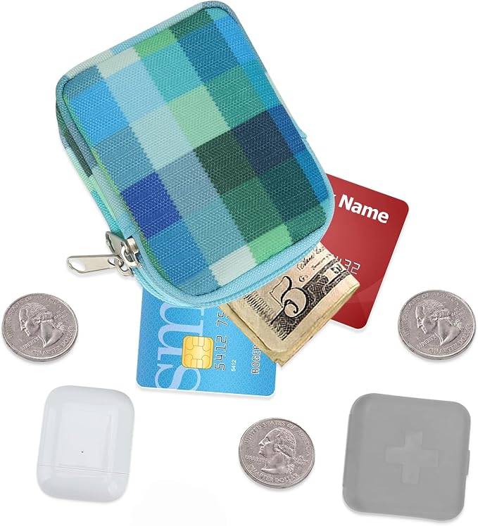 E-Tree Coin Purse with Carabiner Clip, Dual Layer Card Case Holder, Mini Pouch for AirPod Earphone Keychain USB Cable,Wallet, Small Accessories Organizer Bag for Women and Men (Blue Checkered)