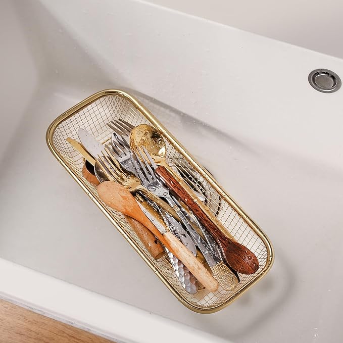 2Pack Stainless Steel Tumbler Cup Lid Organizer Inside Cabinet, Mason Jar Lid Holder, Rectangular Basket for Storage of Silverware, Chopsticks, straws and Utensils, Gold
