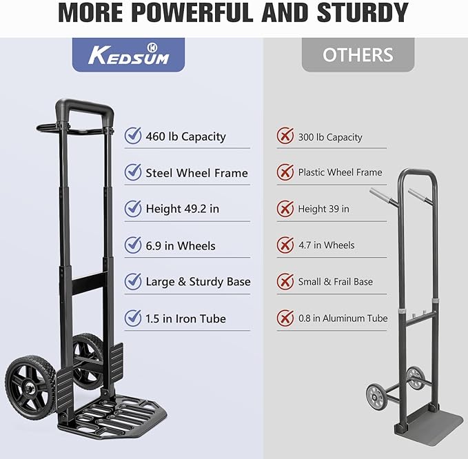 KEDSUM Folding Hand Truck Dolly, 460lbs Capacity Dolly Cart with Wheels for Warehouses, Homes, and Offices, 7" Solid Rubber Wheels & Height 49.2 inch, Telescoping Handle