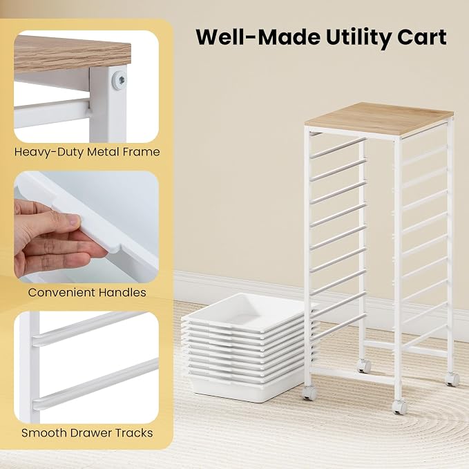 LDAILY Rolling Cart with Drawers, 10 Drawer Rolling Storage Cart with Wooden Tabletop, Metal Frame & Lockable Wheels, Craft Organizers and Storage for Home Office Classroom (White, 10-Drawer Small)