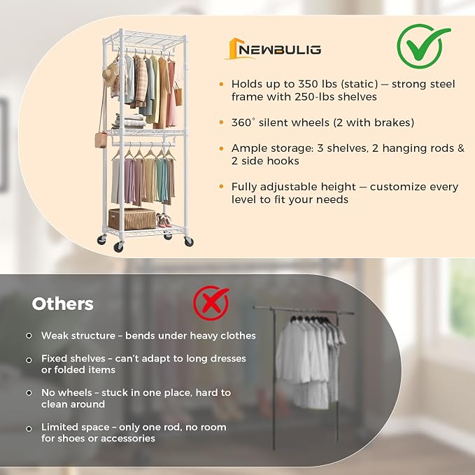 NEWBULIG Heavy Duty Clothing Rack with Wheels, 3-Tier Adjustable Wire Garment Rack, Metal Freestanding Closet Organizer System with Double Hanging Rods & 8 Side Hooks, 23" x 15" x 75", White