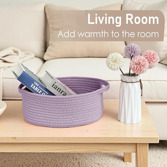JMvicyroam Woven Basket,Small Rope Storage Bin with Handles & Ribbon Bag, Organizer for Shelves Closets,Gift Basket Empty for Birthday,Books,Dog Toys, Purple/3 Pack