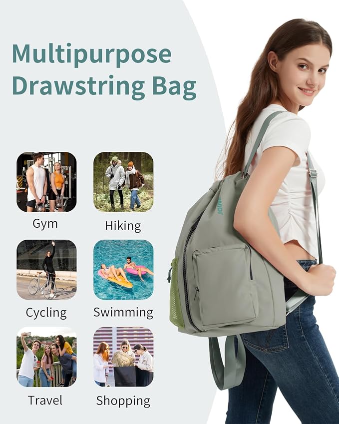 WANDF Drawstring Backpack with Shoe Compartment, Sports Gym Bag | Multi-Pocket Storage, Water-Resistant Fabric, Cinch String Bag