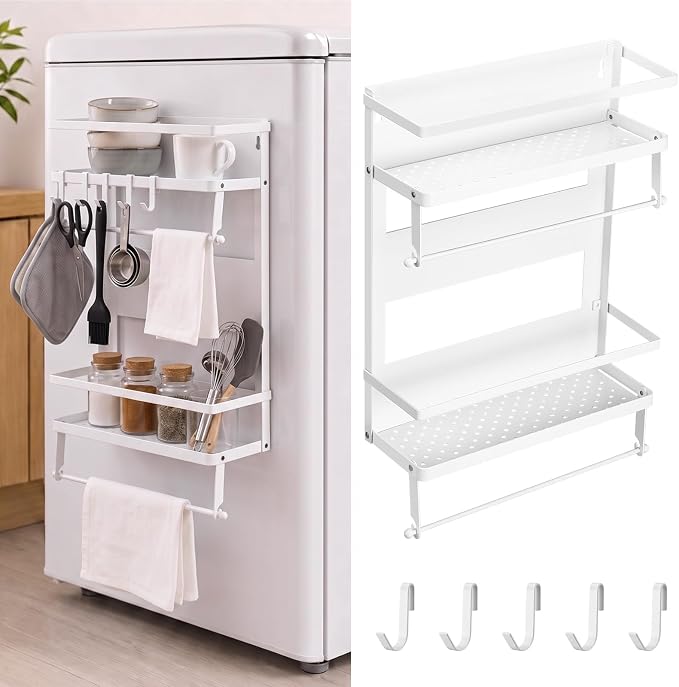 Vercraft Magnetic Dorm Fridge Organizer Heavy Duty Metal 66lbs over Dorm Fridge Shelf Essentials Side of Fridges Paper Towel Holder with Storage Shelf Hooks Magnetic Spice Rack for Room Kitchen(White)